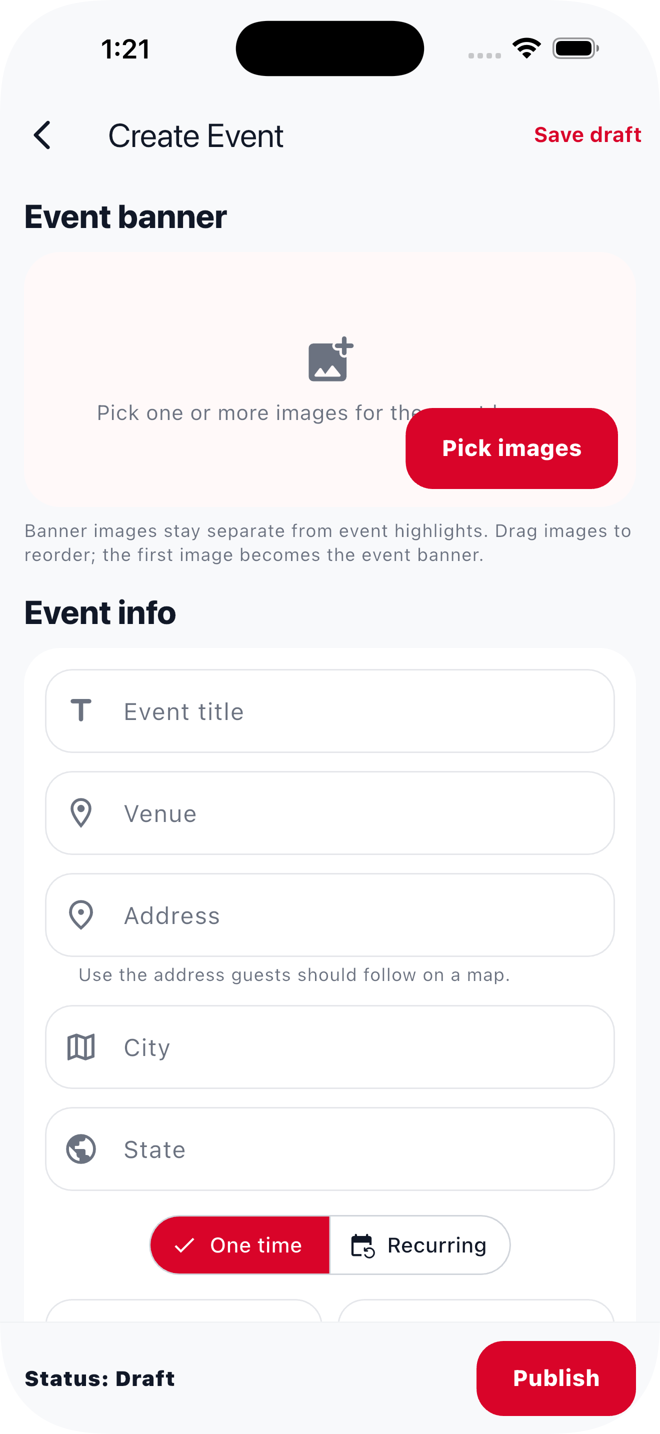 LafiaTix create event screen