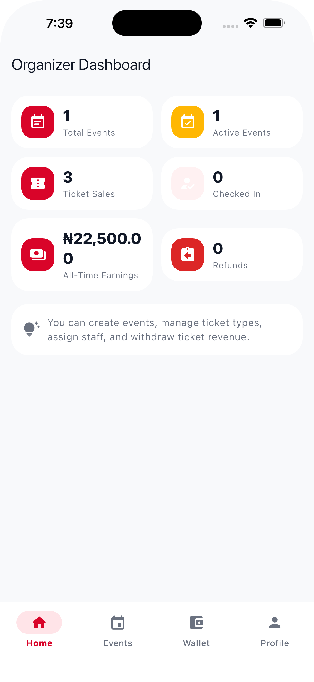 LafiaTix organizer dashboard screen