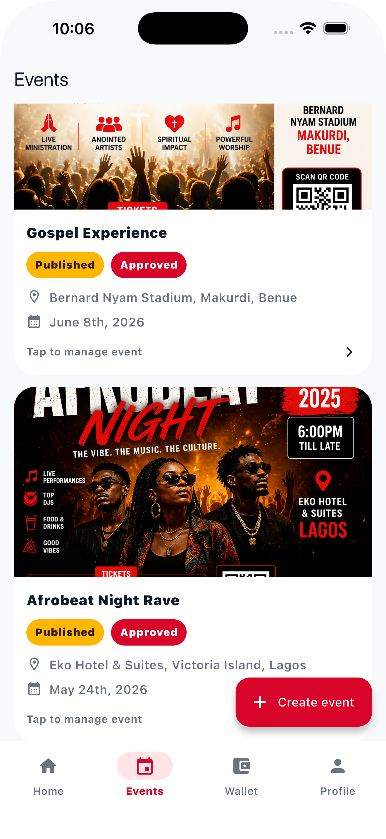LafiaTix organizer events screen