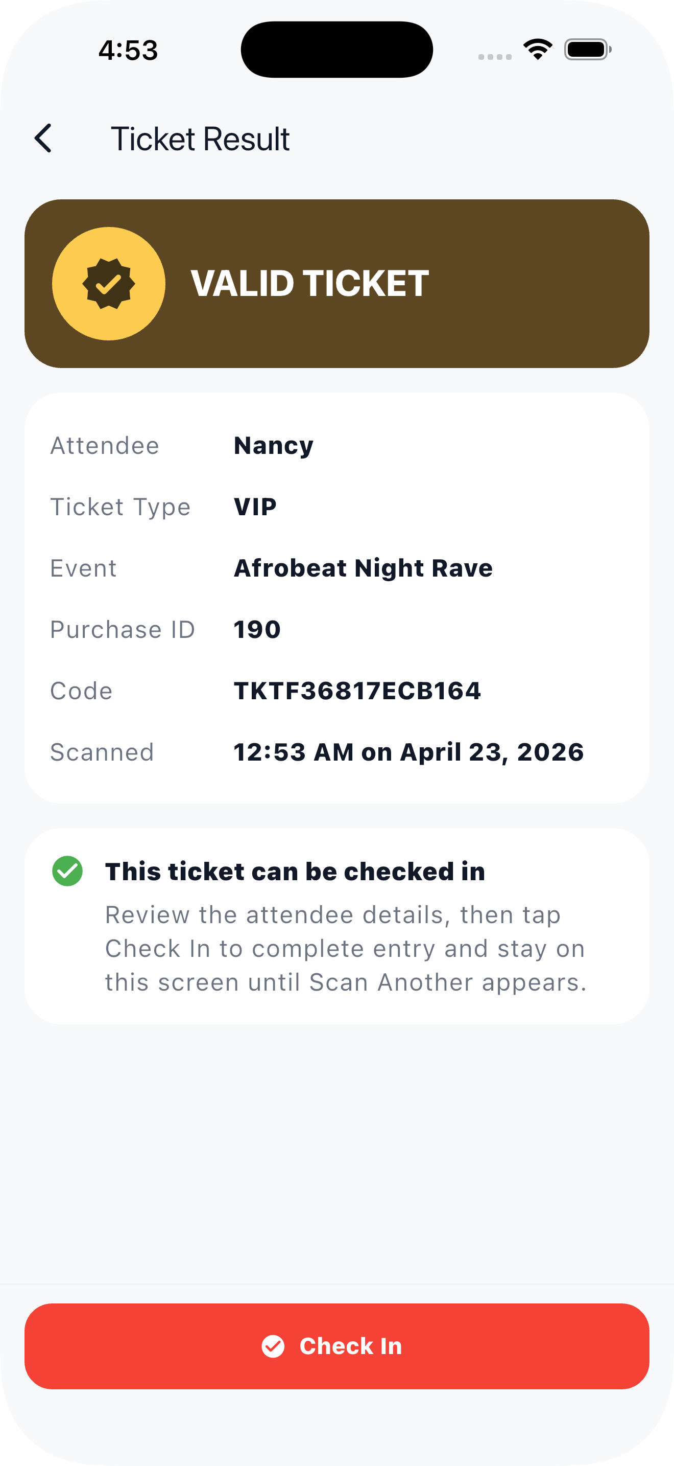 LafiaTix valid ticket scan screen